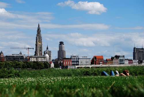 Antwerp Belgium Skyline Meadow Grass Cathedral