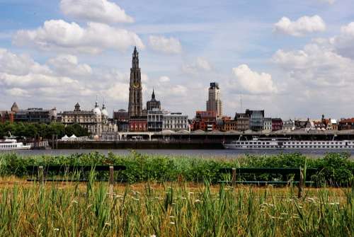 Antwerp Belgium Skyline Benches Grass River