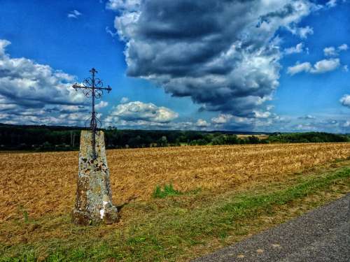 Ardennes France Cross Sky Clouds Landscape Scenic