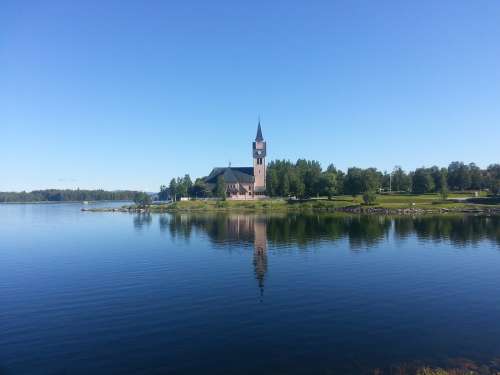 Arjeplog Church Water Summer Blue Himmel Norrland