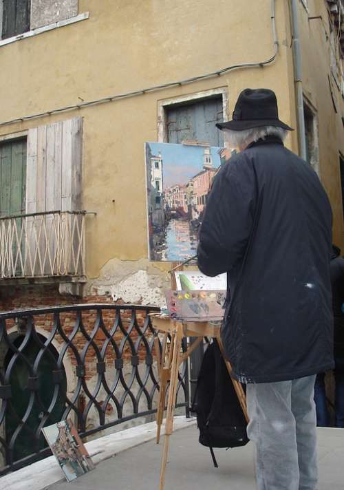 Artist Painting Venice Italy Brush Easel Art