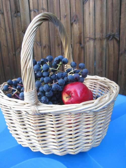 Basket Apple Fruit Grapes Autumn Table Plank