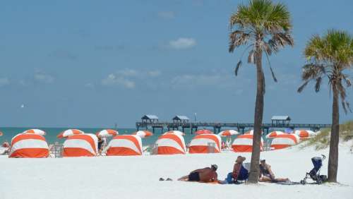 Beach Sandy Beach Holiday Sea Cabanas Palms