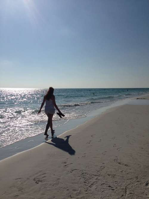 Beach Girl Walking Silhouette Female Vacation