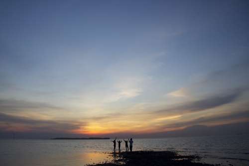 Beach Ocean Coast Sunset Dusk Silhouette People