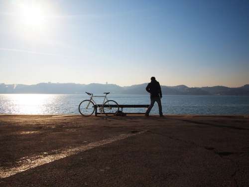 Biker Bicycle Bike Alone Calm Quiet Sea Ocean