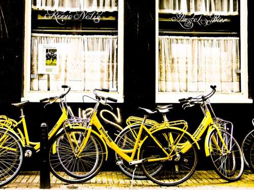 Bikes Yellow Amsterdam Café Street Bicycle