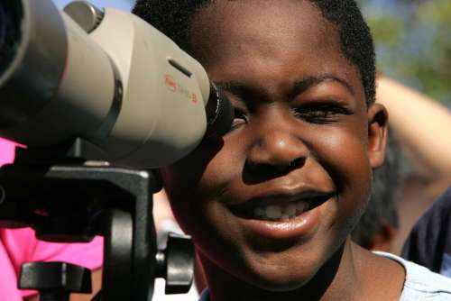Binocular Lens Through Enjoys Child Face Boy