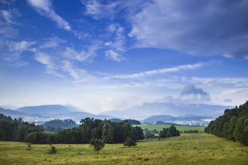 Blue Sky Landscape Meadow Mountains Beskydy Nature