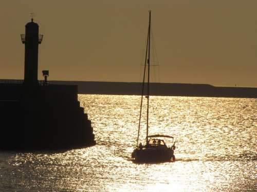 Boat Sailboat Harbor Lighthouse Sunset Sea