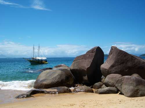 Boat Beach Mar Stones Blue Sky Paraty Brazil