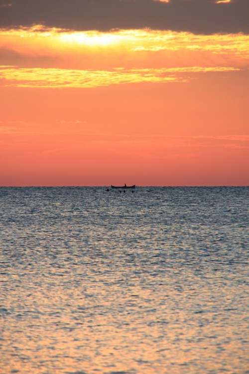 Boat Dark Fisherman Fishing Red Sea Sunrise