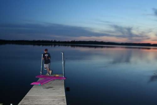 Boy Pier Evening Lake Dock Water Nature