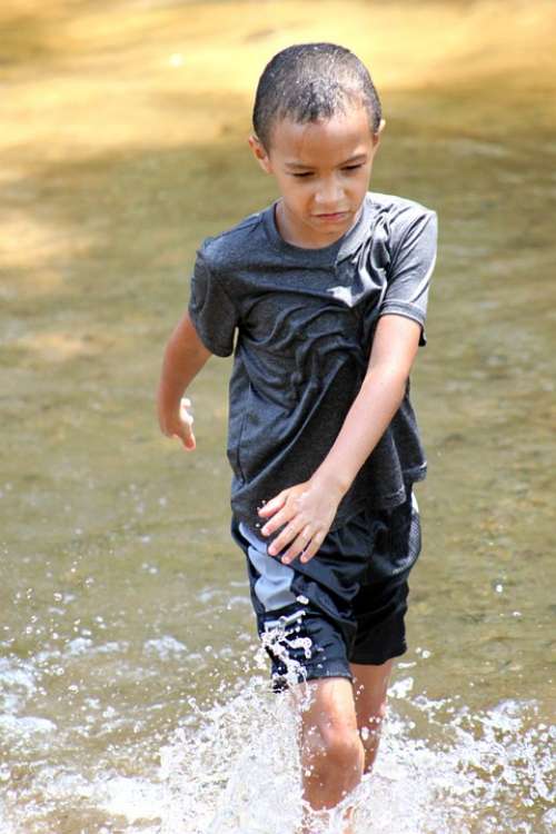 Boy Young Walking Water Summer Outdoors Happy