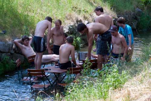 Boys Men Footballers Cooling Off River Picnic