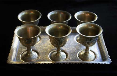 Brass Set Tray Cups Egg Ornate Indian