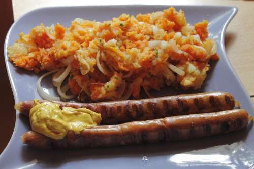 Bratwurst Thuringian Mashed Potatoes Eat Meal Food