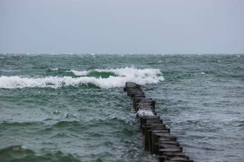 Breakwater Sea Wave Water Spray Stormy Windy