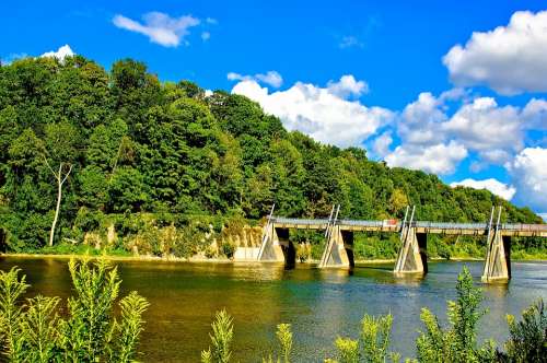 Bridge River Water Bushes Nature Summer Landscape
