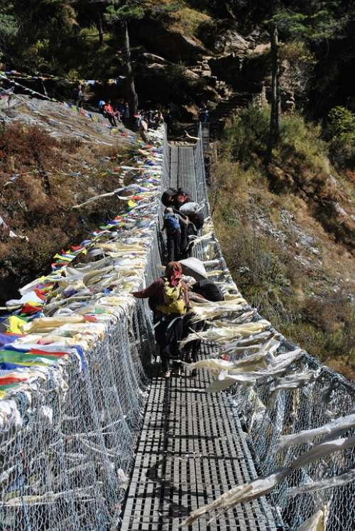 Bridge Crossing Mountain Himalaya Nepal Trekking