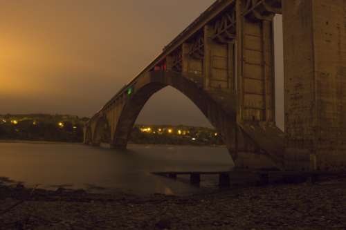 Bridge Night Light Sea River Shore