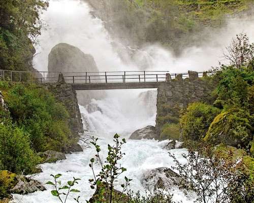 Bridge Geirangerfjord Waterfall Landscape Flowing