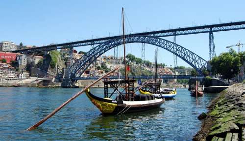 Bridge Boat River Oporto Portugal Iron Arc