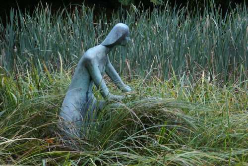 Bronze Statue Figure Girl Grass