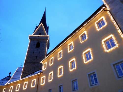 Brunico Church Christmas Evening Campanile Windows