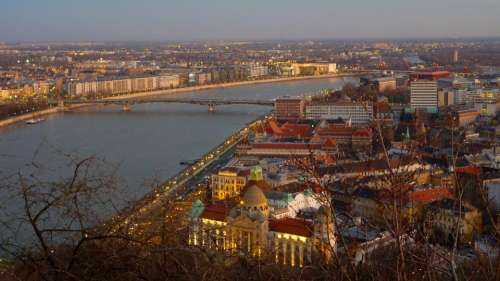 Budapest Hungary Sunset Lights Danube Panorama