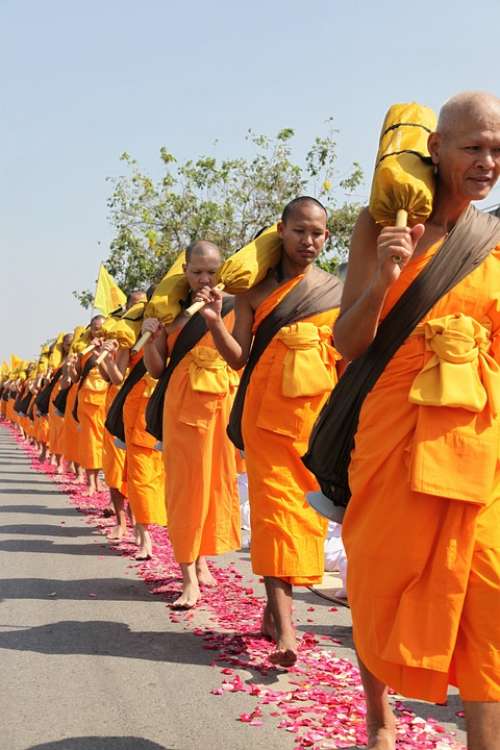 Buddhists Monks Buddhism Walk Orange Robes Thai