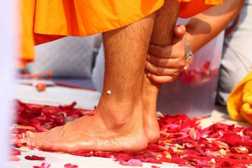 Buddhists Washing Feet Monks Walk Tradition