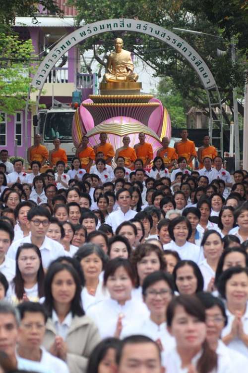 Buddhists People March Monks Orange Robes