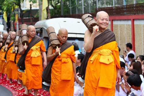 Buddhists Monks Walk Robes Orange Thailand