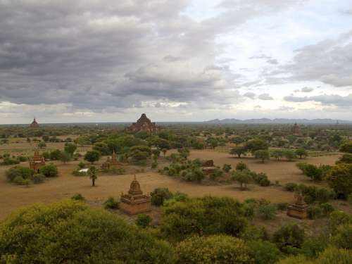Burma Bagan Temple Pagoda Sunset Landscape Clouds