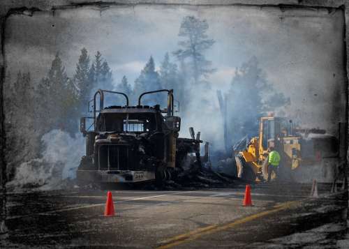 Burning Truck Catastrophe Accident Dark Smoke Fire