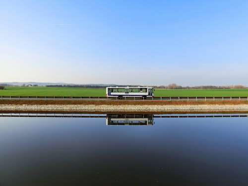 Bus Riverside Sky Mirroring Landscape Travel