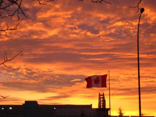 Canada Flag Sunset Sky Landscapes Twilight Cloud