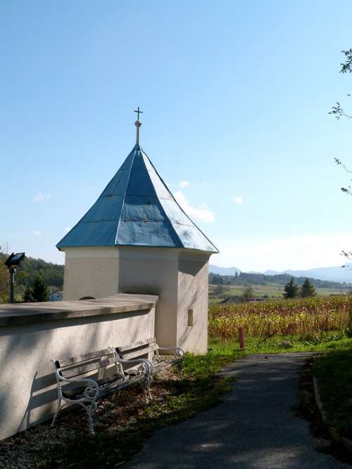 Chapel Rural Idyllic Pathway Bench Blue Roof