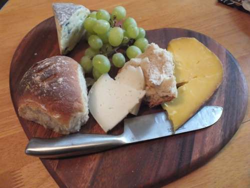 Cheese Bread Knife Food Delicious Grapes Board