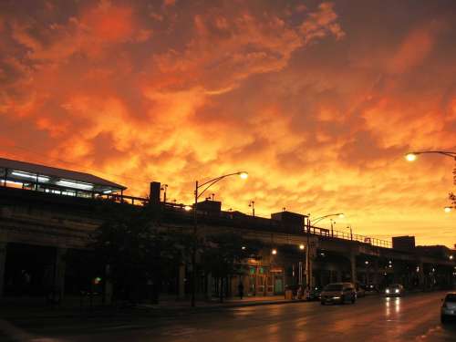 Chicago Orange Sunset Storm Sky Urban Transit