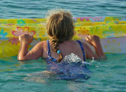 Child Girl Swim Air Mattress Sea Vacations Beach