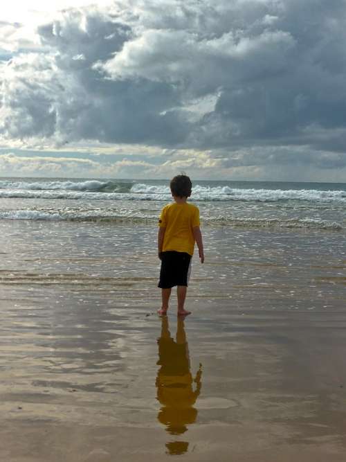 Child Boy Sand Beach Ocean Seascape Sea Water