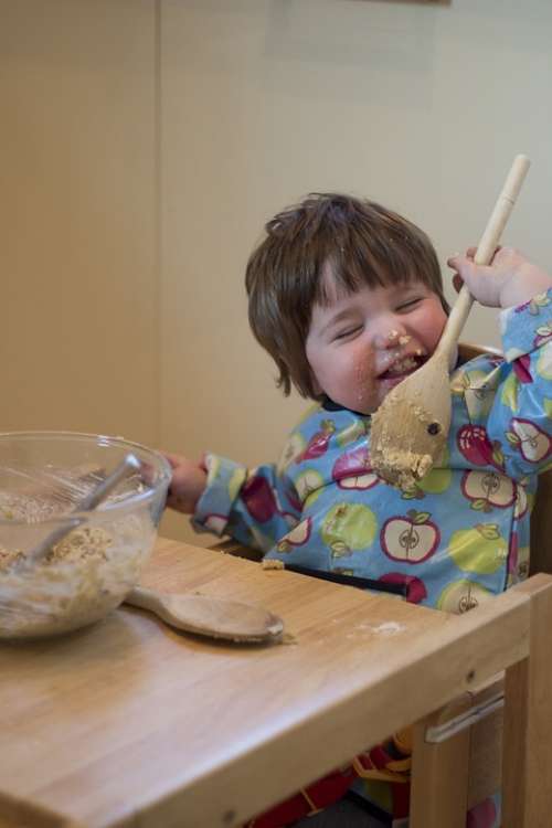 Child Cake Making Licking Spoon Fun Young Baby