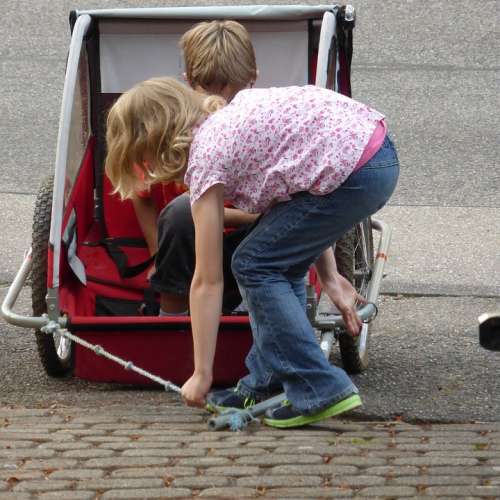 Children Play Bike Trailer Fun Girl Childhood Joy