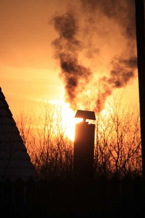 Chimney House Orange Roof Sky Smoke Sun Sunset