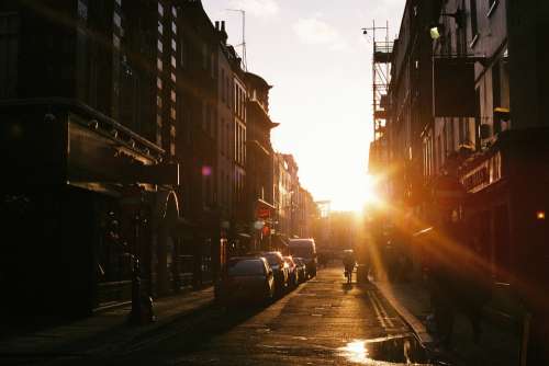 City Town Sunset Houses Urban Road Buildings