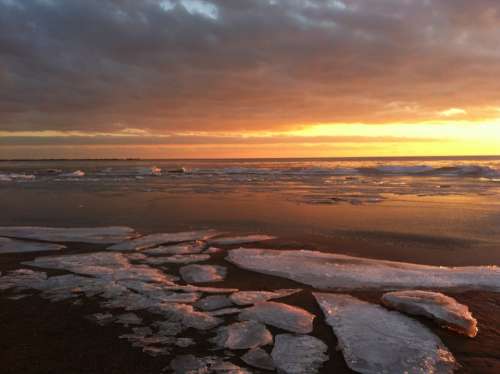 Clouds Beach Sunset Winter Ice Nature Water