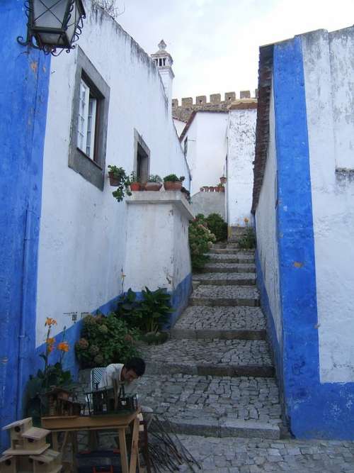 Cobblestone Street Portugal Stairs Walls Old Town