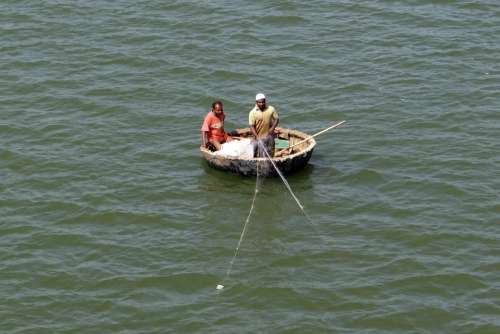 Coracle Fishing Dragnet Krishna River Backwaters